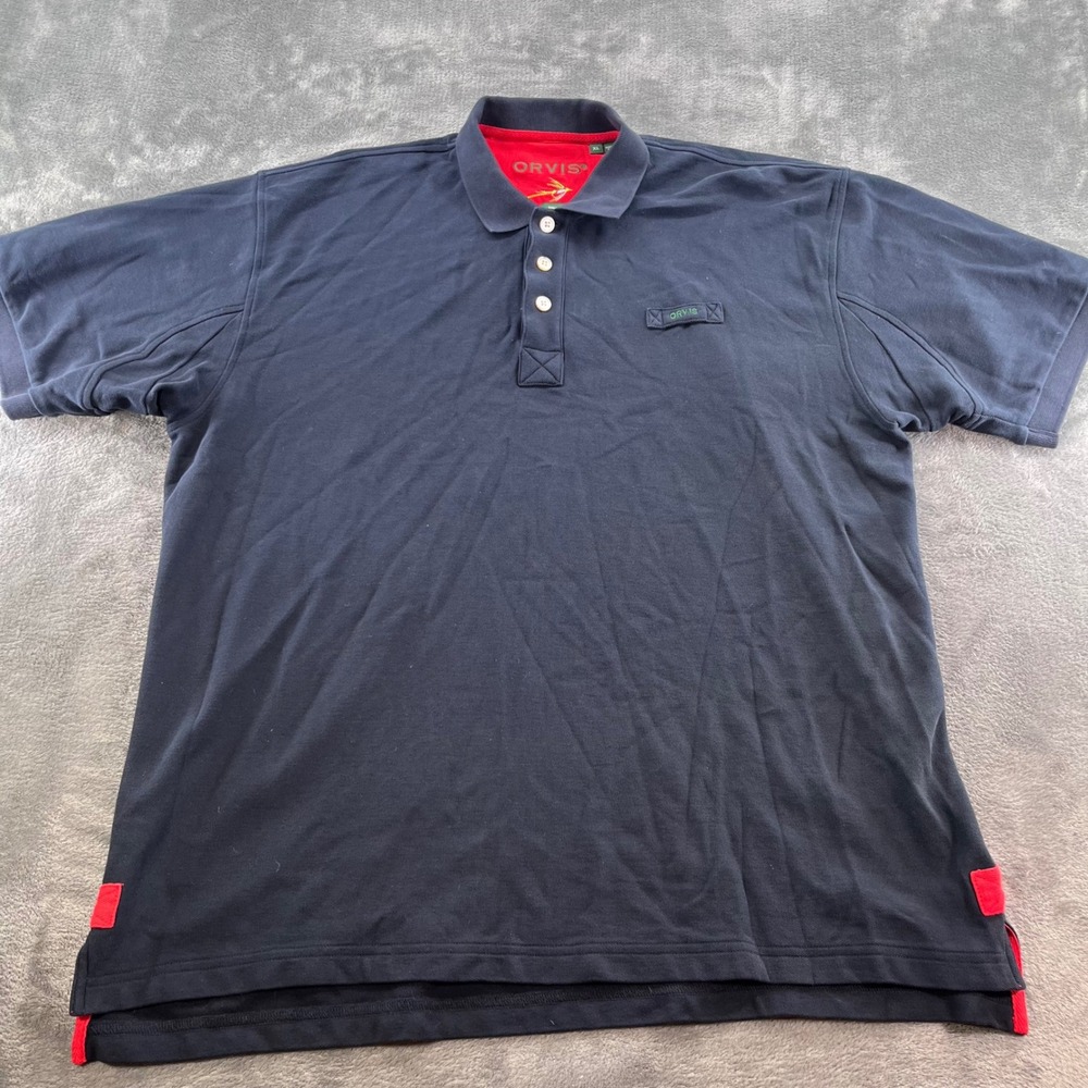 Orvis Mens XL Tall Navy Blue Red Contrast Pique Cotton Polo Shirt 2HCK